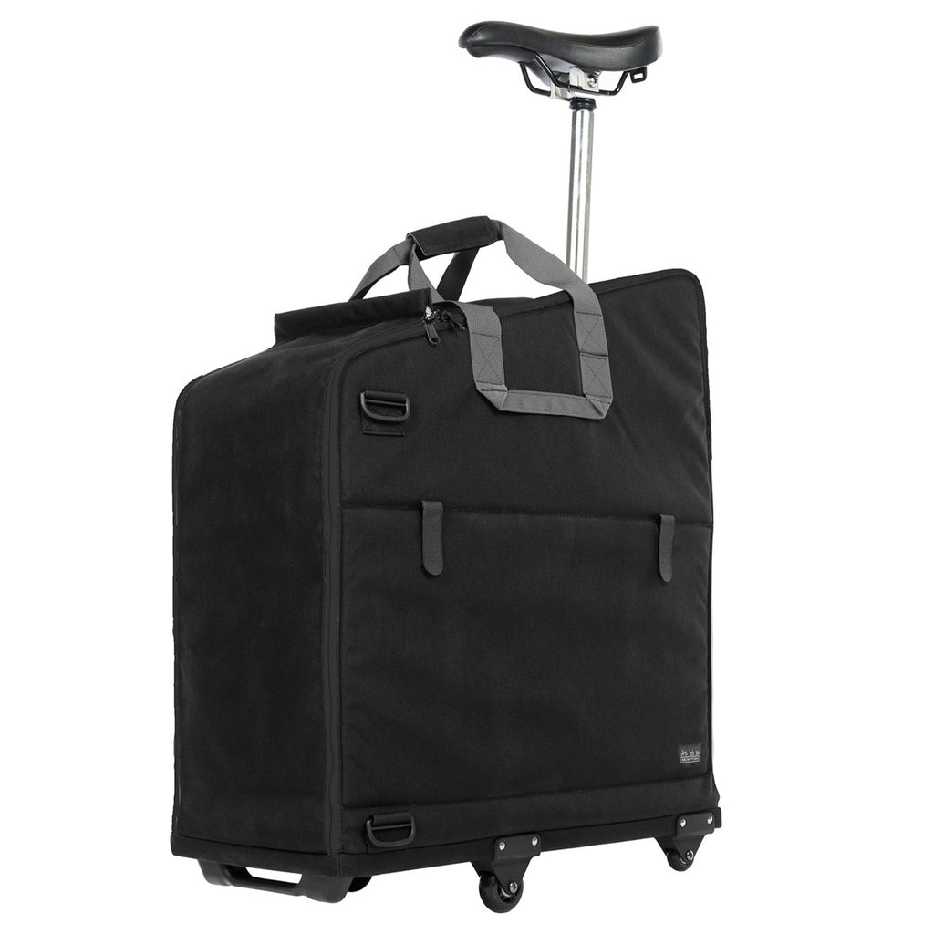 Eine schwarze Brompton Transporttasche mit 4 Rädern.